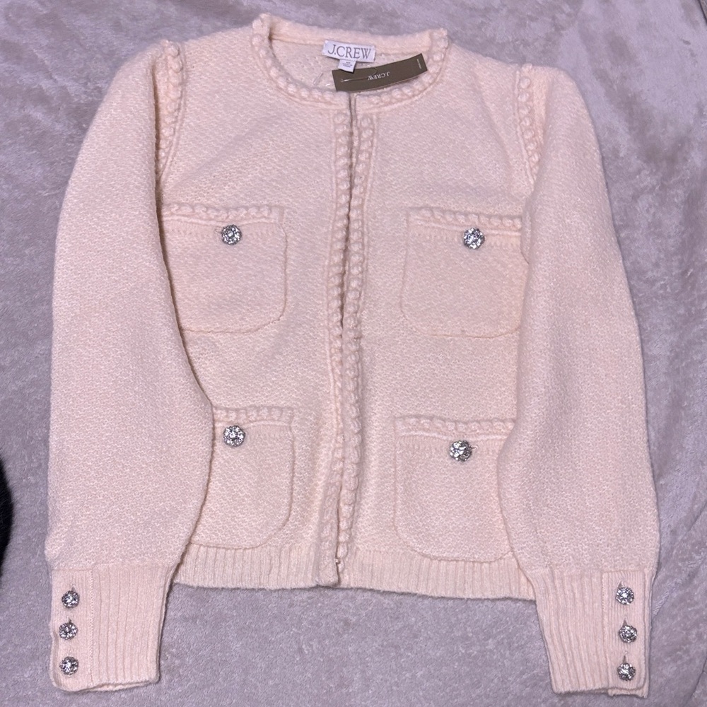 J. Crew..Cream Knit Cardigan W Rhinestone Button Accents on Cuffs & Collar